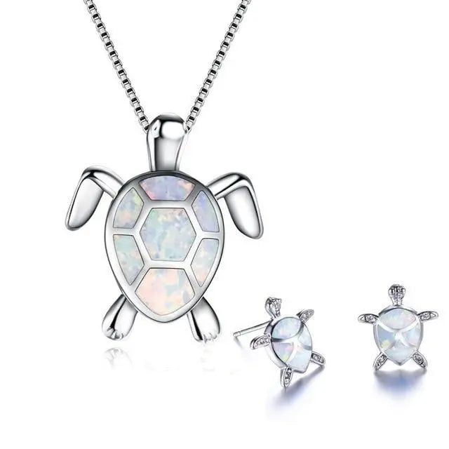 Ensemble de collier et boucles d'oreilles avec tortue de mer en opale et argent | Argent