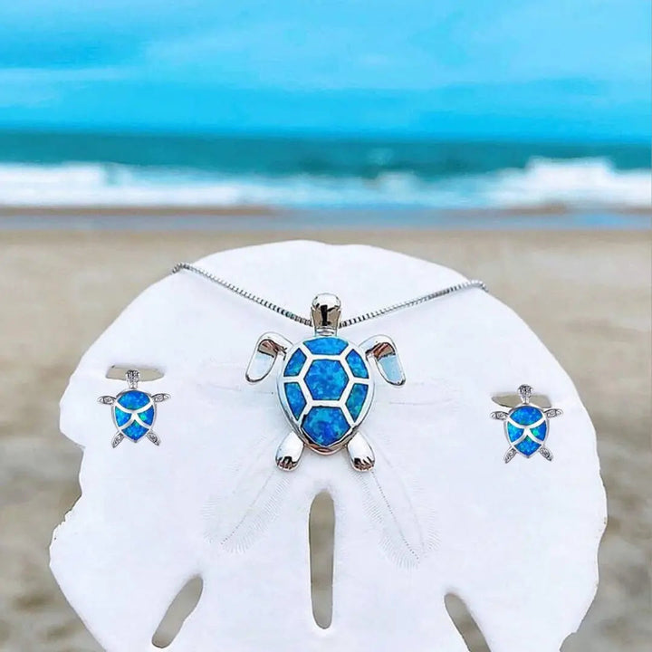 Ensemble de collier et boucles d'oreilles avec tortue de mer en opale et argent | Argent