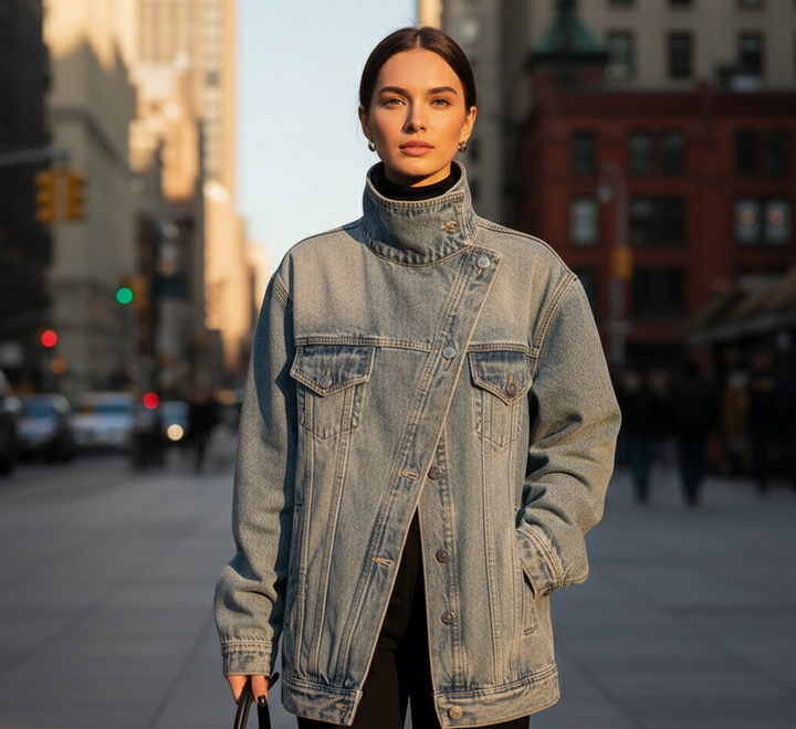 Cleo – Asymetrická bunda s gombíkmi v street style