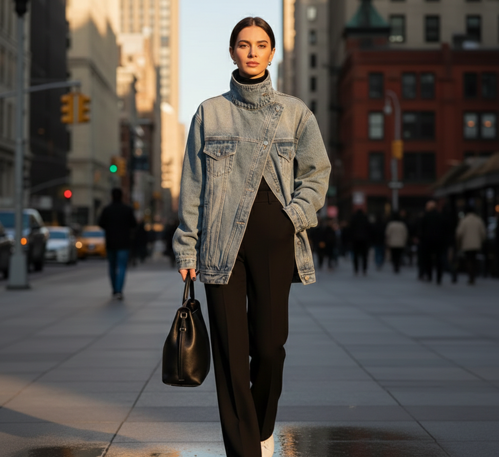 Cleo – Asymetrická bunda s gombíkmi v street style