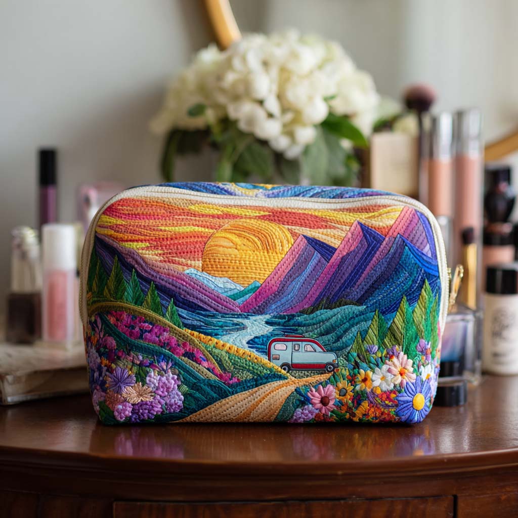 Lennon - Quilted Toiletry Bag - Retro Travel Pattern