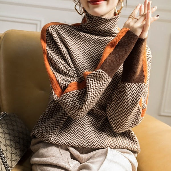 Aristoniki - Pulóver s vysokým golierom a elegantnými kontrastnými pruhmi