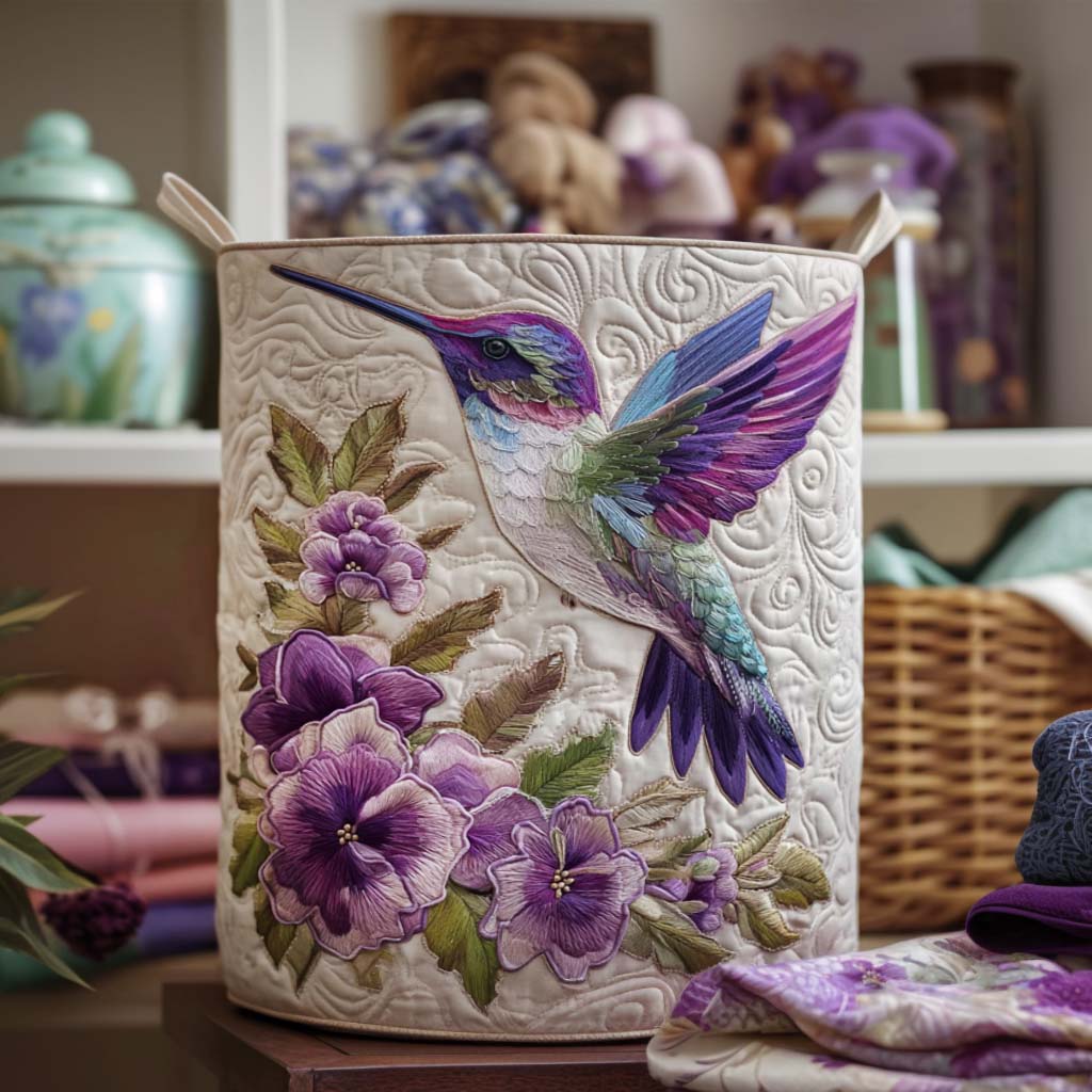 Prešívaný košík na bielizeň - Kolibrík s kvetmi
