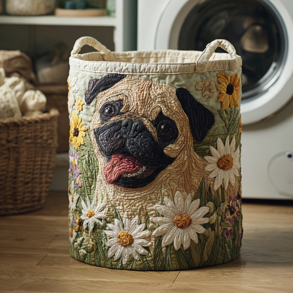 Prešívaný košík na prádlo - Mops medzi sedmikráskami