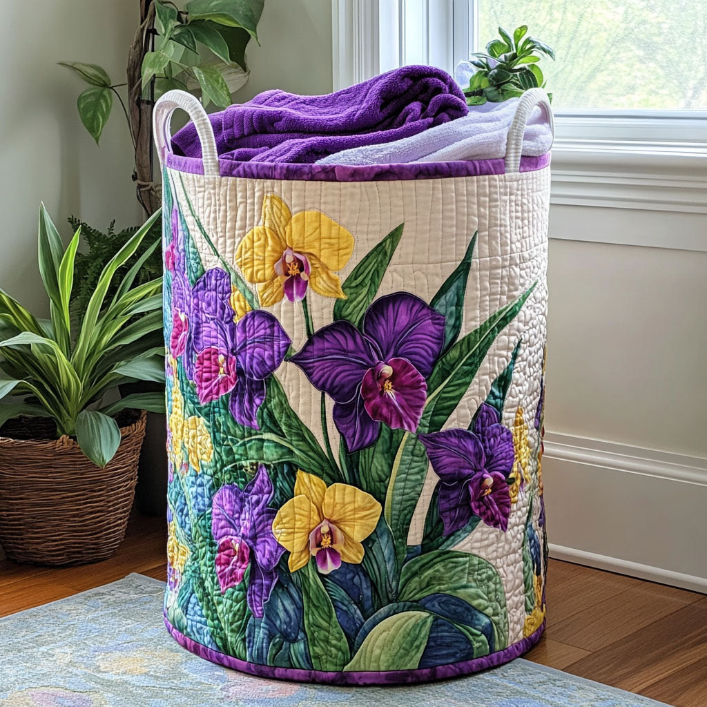 Prešívaný košík na prádlo - Západ slnka s orchideami