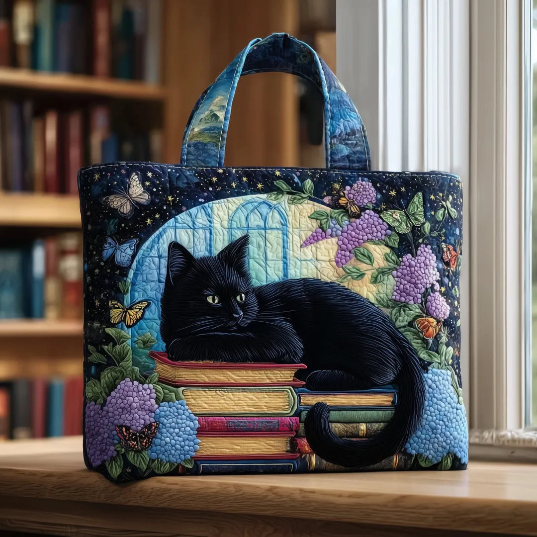 Quilted Tote Bag - Black Cat on Books