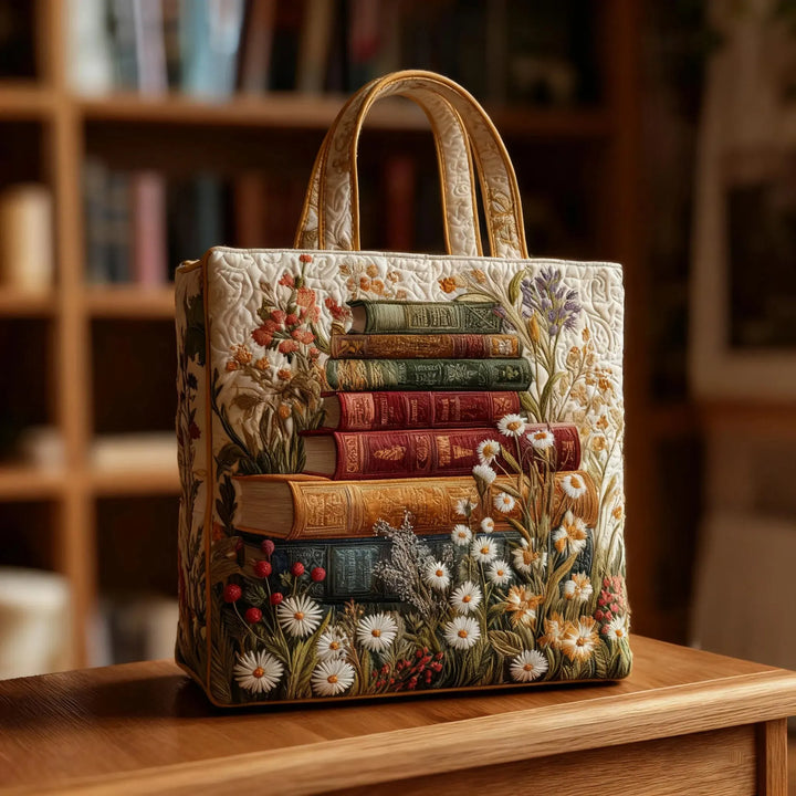 Quilted Tote Bag - Books and Daisies