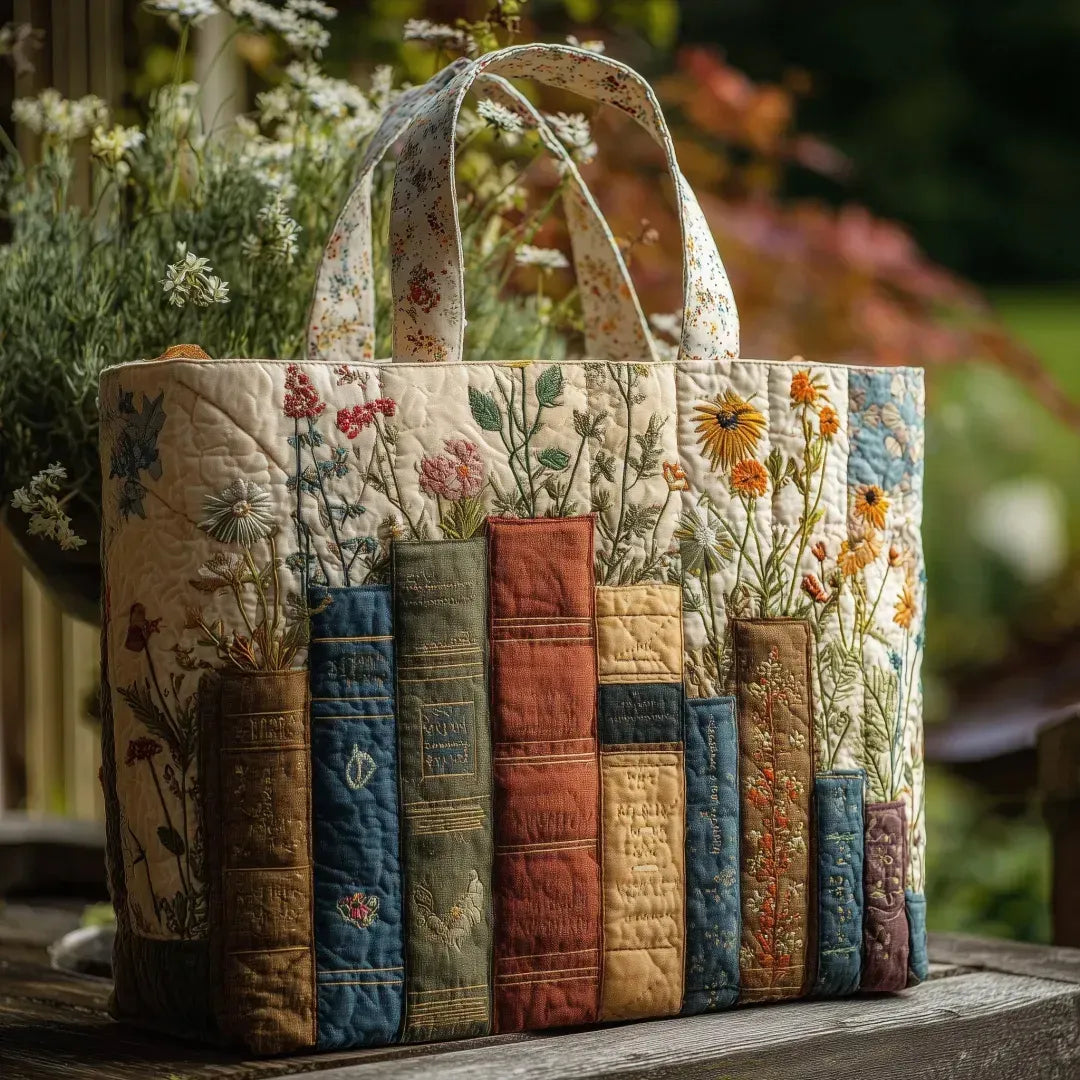 Quilted Tote Bag - Books and Wildflowers