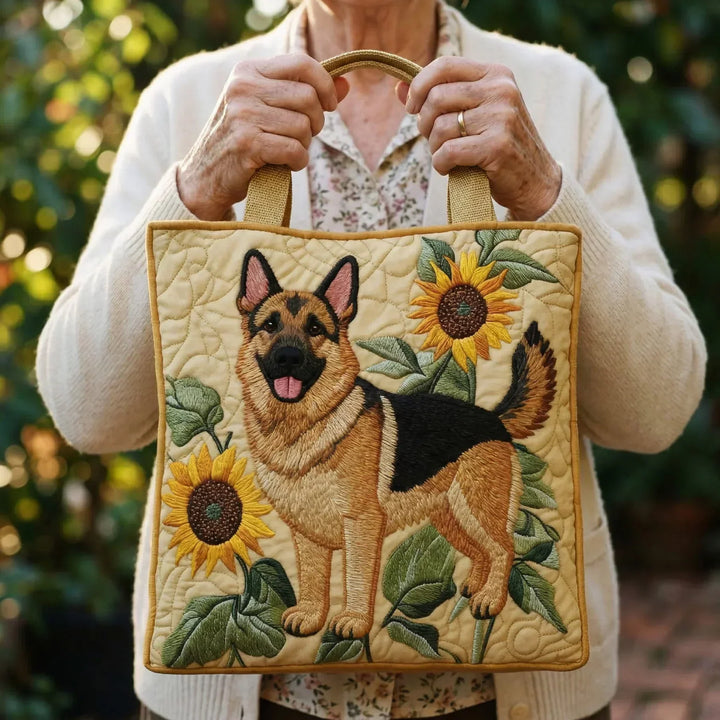 Quilted Tote Bag - German Shepherd with Sunflowers