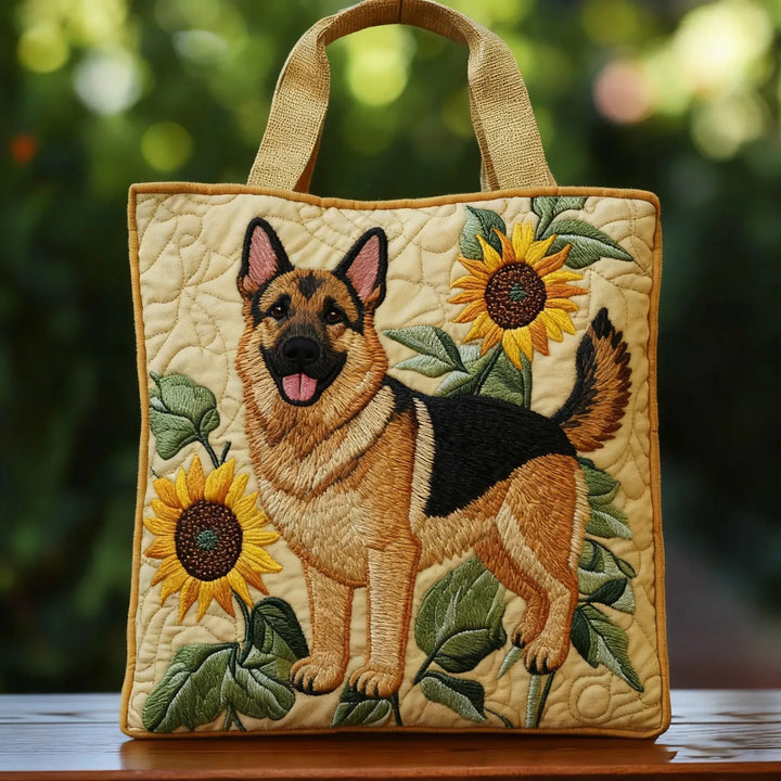Quilted Tote Bag - German Shepherd with Sunflowers