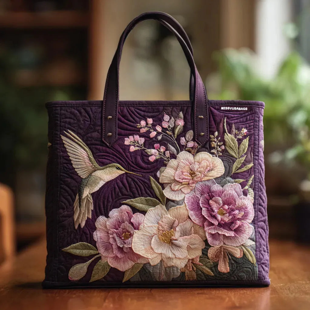 Quilted Tote Bag - Hummingbird and Pink Blooms