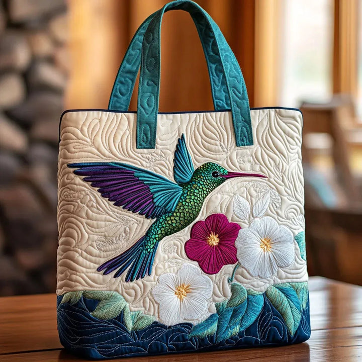 Quilted Tote Bag - Hummingbird and White Flowers