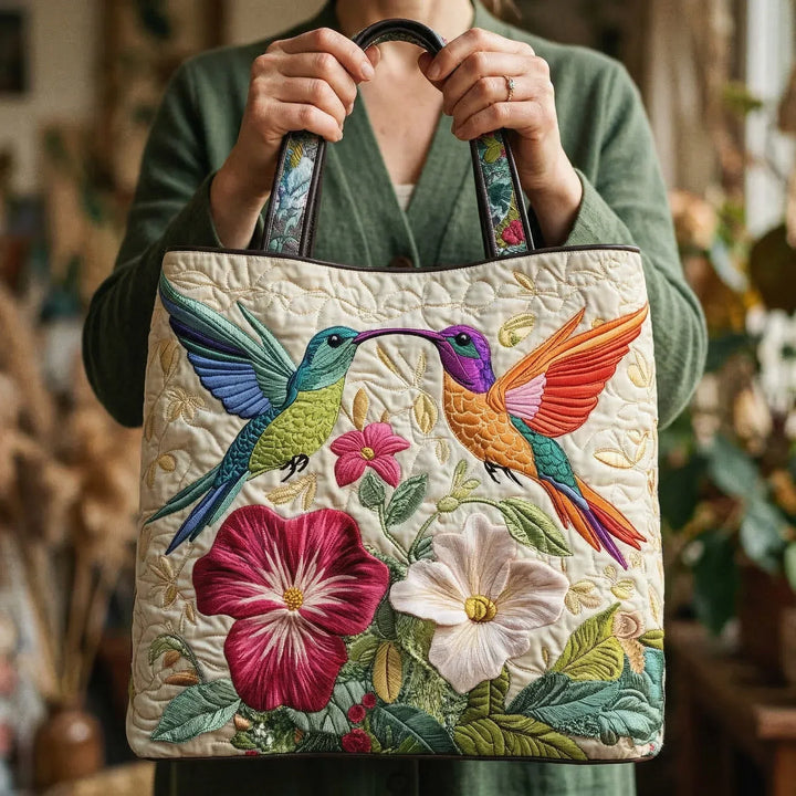 Quilted Tote Bag - Two Hummingbirds in Flight
