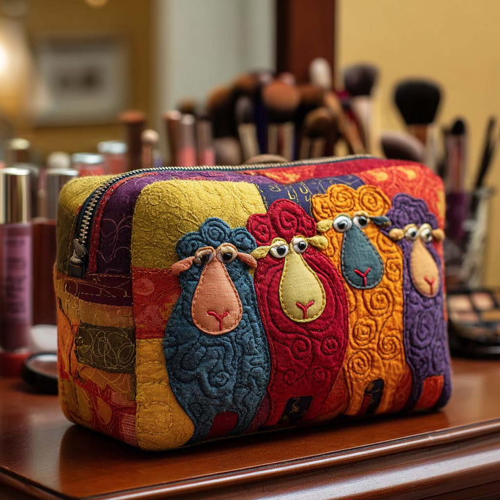 Shelby - Quilted Toiletry Bag - Embroidered Rainbow Sheep