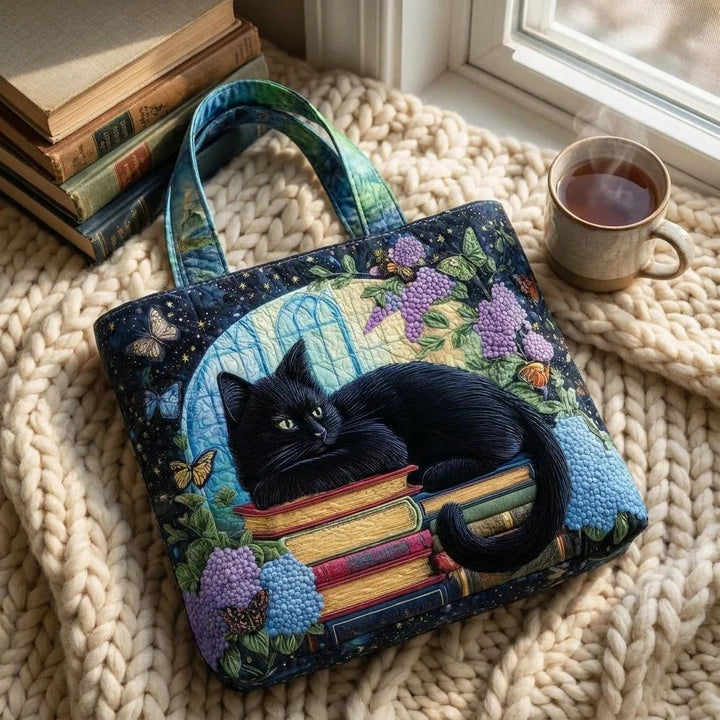 Quilted Tote Bag - Black Cat on Books