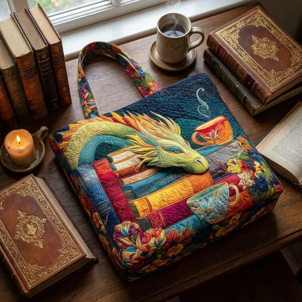 Quilted Tote Bag - Dragon Reader with Books