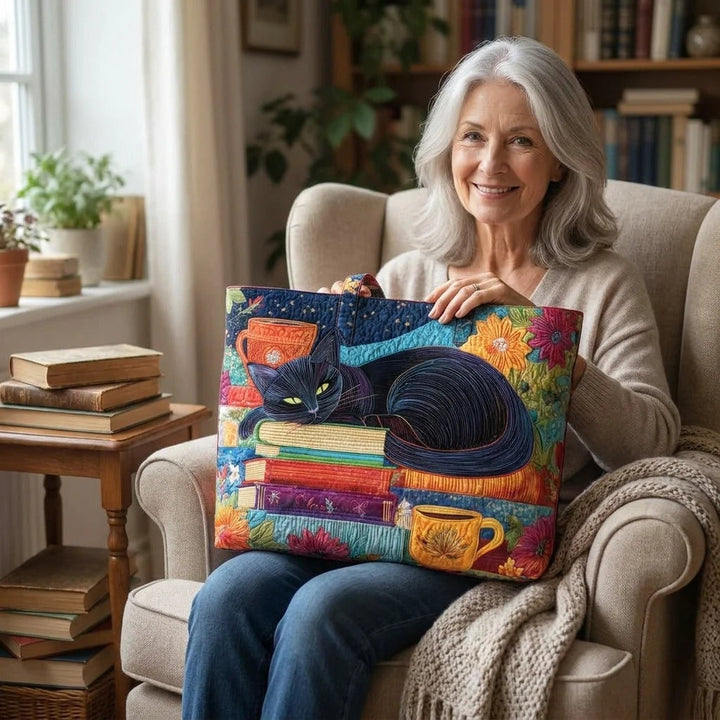 Quilted Tote Bag - Black Cat with Books and Mugs