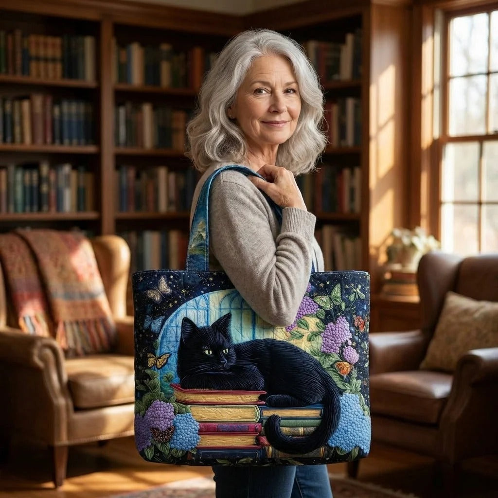 Quilted Tote Bag - Black Cat on Books