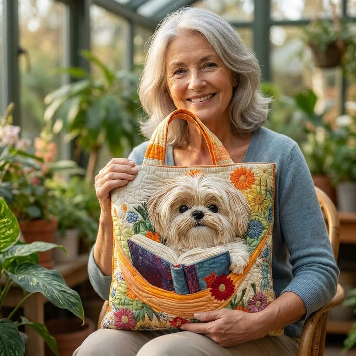 Quilted Tote Bag - Shih Tzu with Books and Flowers