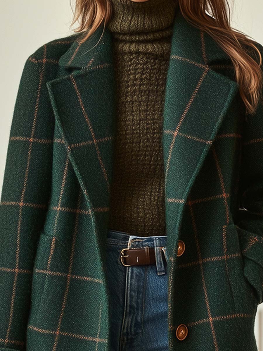 Athena - Elegantný Vlněný Kabát v Zelenom Károvanom Vzore