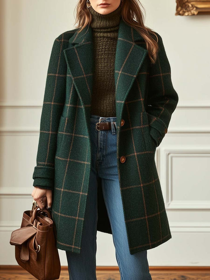Athena - Elegantný Vlněný Kabát v Zelenom Károvanom Vzore