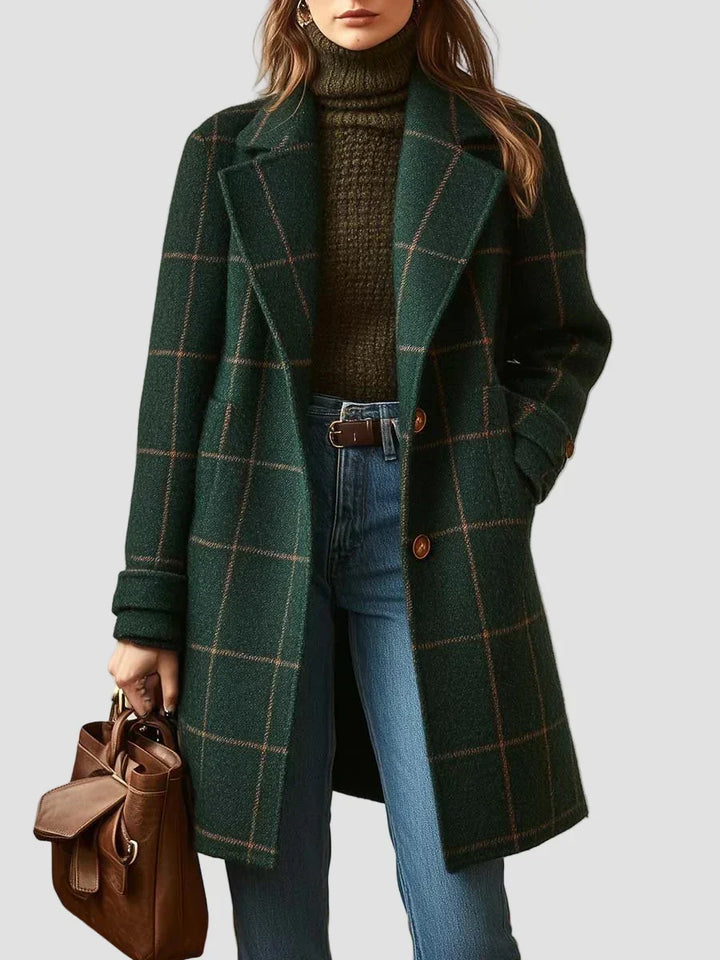 Athena - Elegantný Vlněný Kabát v Zelenom Károvanom Vzore