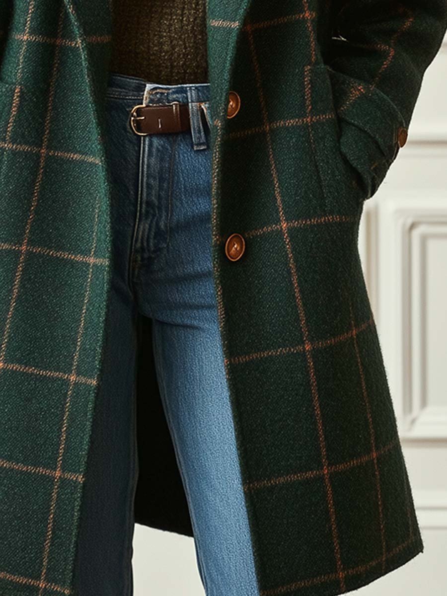 Athena - Elegantný Vlněný Kabát v Zelenom Károvanom Vzore
